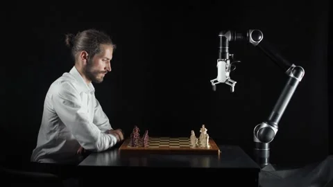 Modern technology, man playing chess with a robot, the confrontation between man Stock Footage 133222145