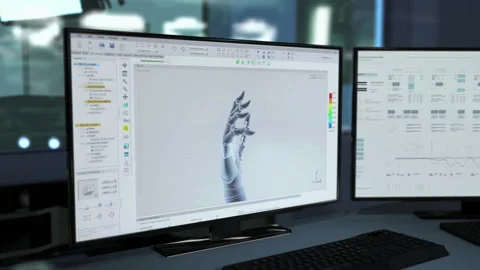 Modern technology manufacturing the hand prototype with multiple connected parts Stock Footage 234421379