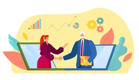 Modern technology online business, tiny businesswoman coach shake hand Illustrazione stock