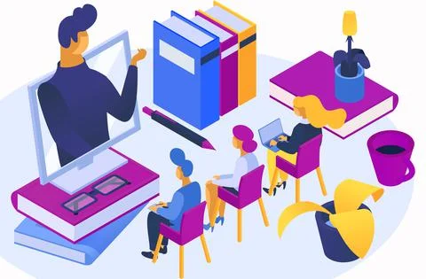 Modern technology online learning process, class student obtain knowledge in Stock Illustration