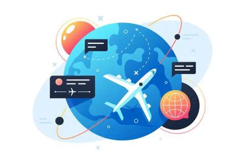 Modern technology plane flies around planet using points and messages. Stock Illustration
