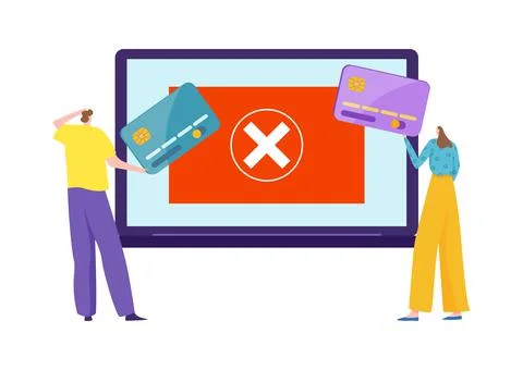 Modern technology problem, online payment error, tiny character hold credit bank Stock Illustration