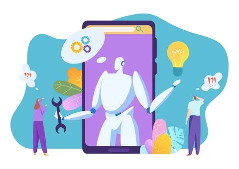 Modern technology robot automatic customer support, tiny character technical Stock Illustration