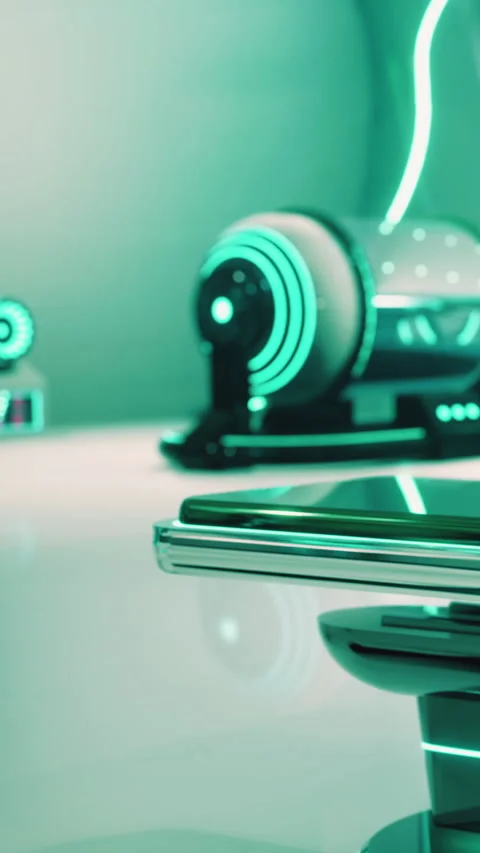 Modern technology setup with neon lights and smartphone on table Stock Footage 341985219