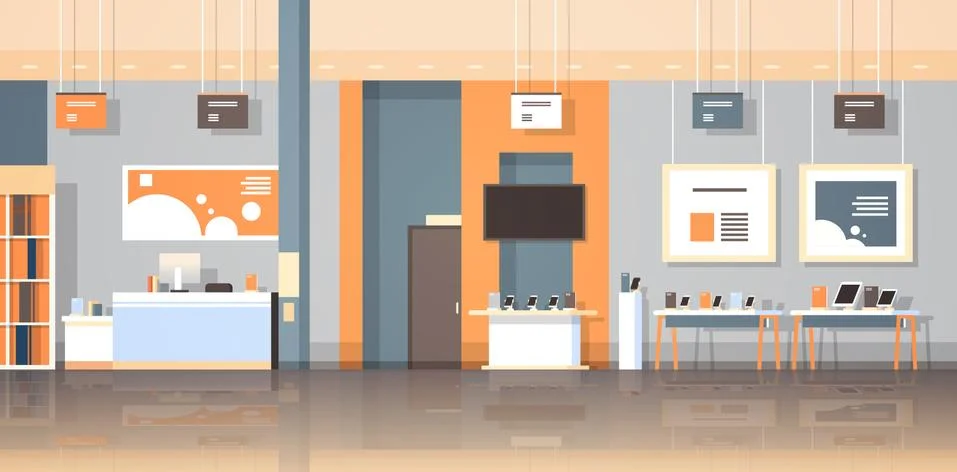 Modern technology store interior digital computer laptop tv screen smartphone Stock Illustration