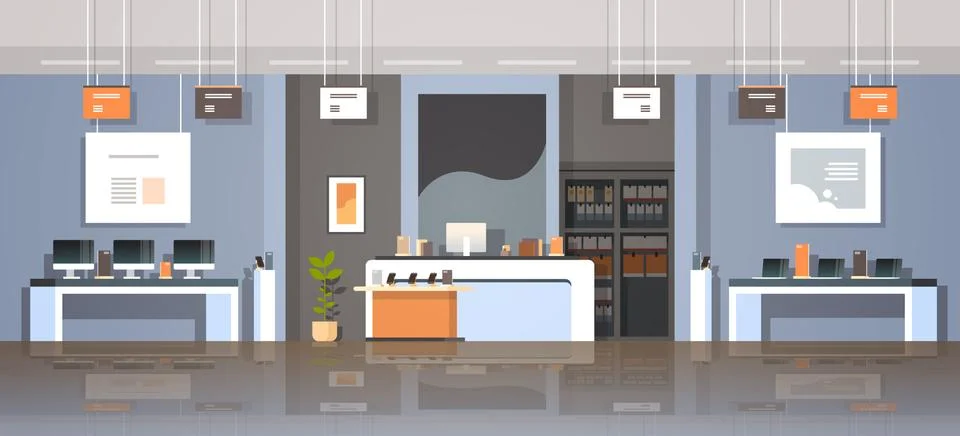 Modern technology store interior digital computer laptop screen smartphone Stock Illustration