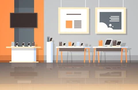 Modern technology store interior digital computer laptop tv screen smartphone Illustrazione stock