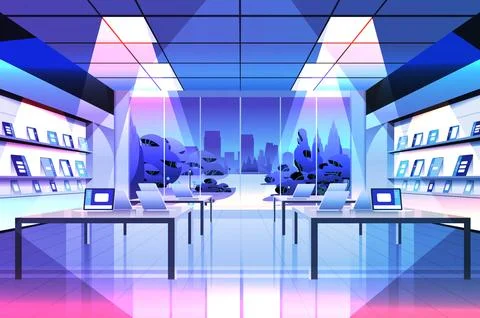 Modern technology store interior digital electronic gadgets market Stock Illustration