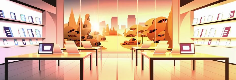 Modern technology store interior digital electronic gadgets market horizontal Stock Illustration