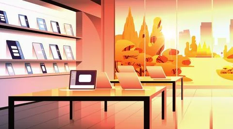 Modern technology store interior digital electronic gadgets market Stock Illustration