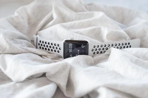 Modern technology, time, object and media concept - close up of sport smart w Stock Photos