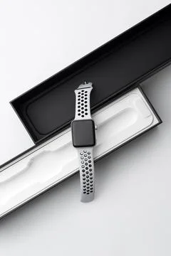 Modern technology, time, object and media concept - close up of sport smart w Stock Photos