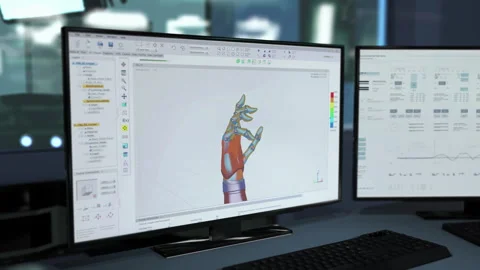 Modern technology ui drafting a prototype of artificial prosthetic cyber arm Stock Footage 279817711