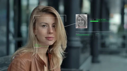 Modern Technology Using Facial Recognition Biometrics Iris of Scanned Woman Id 库存影片 151195596