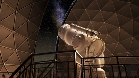Modern telescope inside the observatory dome tracking star constellation. 4KHD Stock Footage 102671379