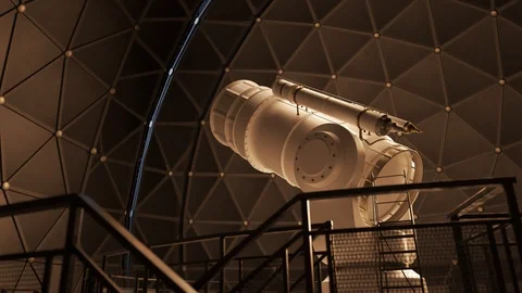 Modern telescope starts tracking the star while the dome door opens. 4KHD Stock Footage 102677026