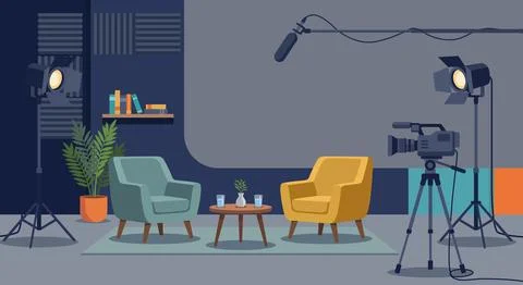 Modern television studio setup for an interview talk show. armchairs and ce.. 스톡 일러스트