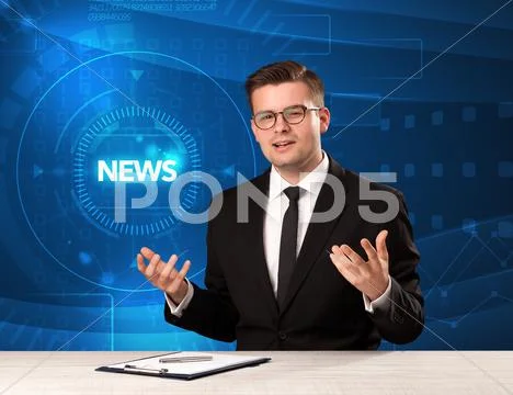 Modern televison presenter telling the news with tehnology background Stock Photos