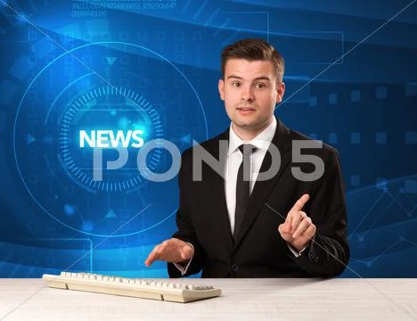 Modern televison presenter telling the news with tehnology background Stock Photos