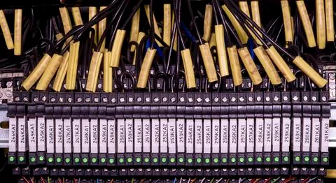 Modern terminal blocks with multi colored wires. Black wires with caption fields Stock Photos