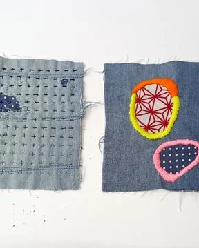 Modern textile art inspired by patchwork and embroidery. 스톡 사진