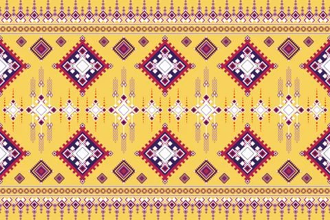 Modern Thai Textile Pattern in Yellow with Colorful Diamond Motifs Ilustración de archivo