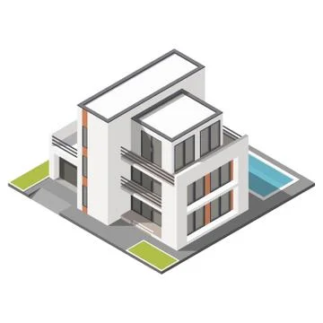 Modern three storey house with flat roof sometric icon set Stock Illustration