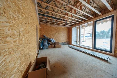 Modern timber frame interior fit out with services and glazing Stock Photos