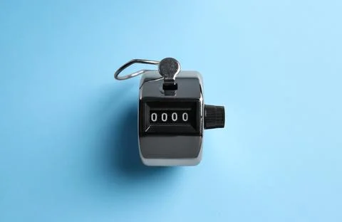 Modern timer on light blue background, top view Foto stock
