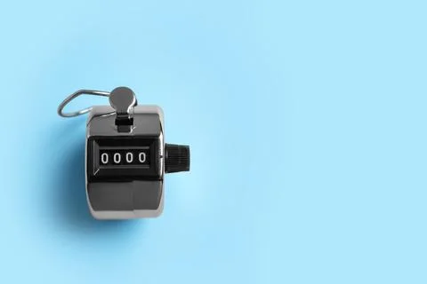 Modern timer on light blue background, top view. Space for text Stock Photos