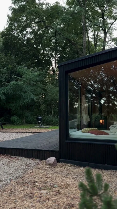 Modern tiny house in forest with large glass windows Video stock 331774511