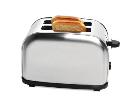 Modern toaster with bread on white background Stock Photos
