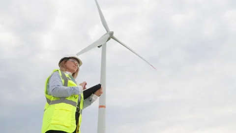 Modern tools for a sustainable future: a tablet and a windmill in the hands of a Stock Footage 266826343