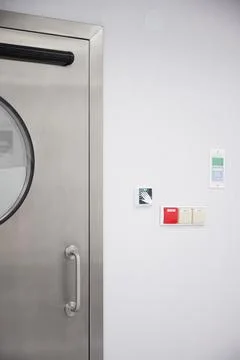 Modern touchless automatic door openers and door details Stock Photos