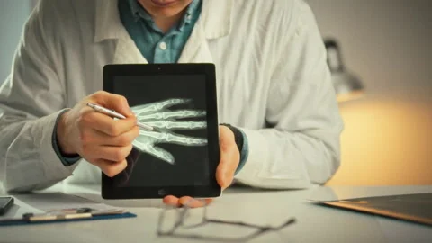 Modern touchscreen tablet shows an X-ray as the doctor conducts a consultati Stock Footage 333832188