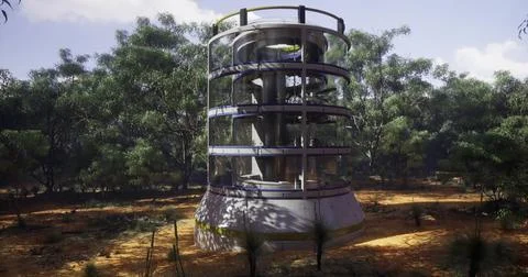 Modern tower design blends architecture with a forested environment Stock Illustration