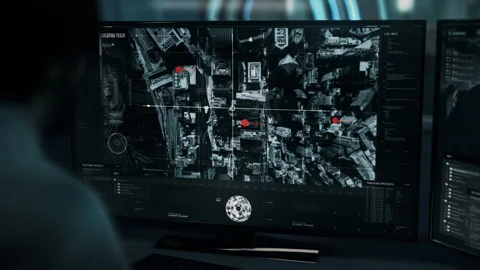 Modern tracking system is examining the area through a surveillance drone camera Stock Footage 170745730