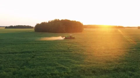 Modern tractor crop sprayer applying pesticide in wheat field at sunset Stock Footage 313524949