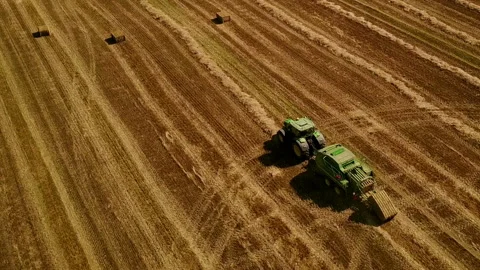 Modern tractor makes haystacks on the field after harvesting. Aerial view. Video stock 89920402