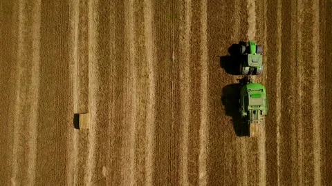 Modern tractor makes haystacks on the field after harvesting. Aerial top view. Video stock 89920474