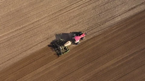Modern tractor seeding cereal or corn in cultivated field Video stock 312444872