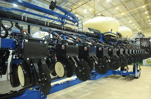 Modern trailed seeding machine presented on stand during an exhibition. Kyi.. Foto stock