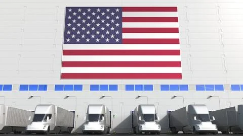 Modern trailer trucks load or unload at warehouse bays with flag of the USA Stock Illustration