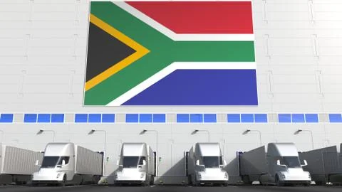 Modern trailer trucks load or unload at warehouse bays with flag of SOUTH AFRICA Stock Illustration