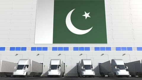 Modern trailer trucks load or unload at warehouse bays with flag of PAKISTAN Stock Illustration