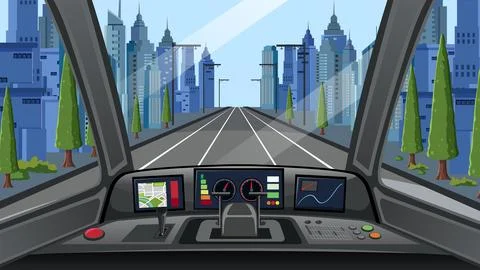 Modern train cockpit point of view driving through a blue urban cityscape Ilustración de archivo