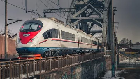 Modern Train Crossing Bridge Stock Photos