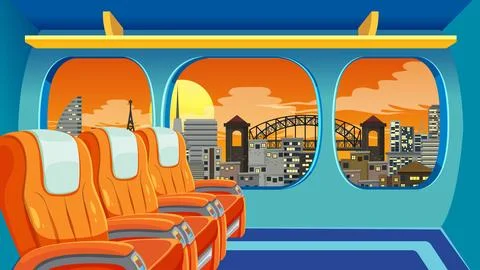 Modern Train Interior with City Skyline View at Sunset Illustration