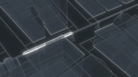 Modern train maglev hyperloop in cyber city the town of polygons Stock Footage 144276522