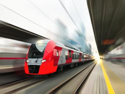 Modern train in motion and blur, Russian Railways trains of Moscow and MCC. Stock Photos